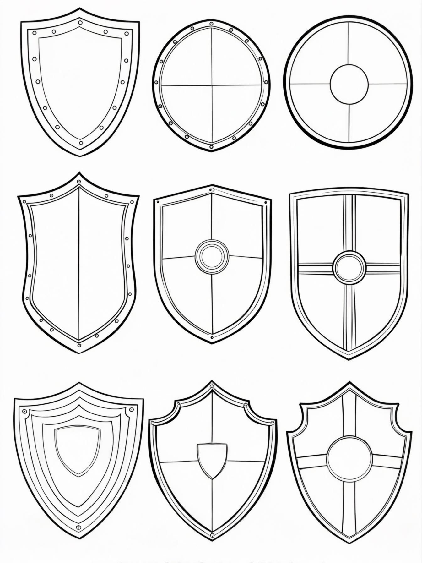 "A black-and-white coloring page designed for 9-year-old kids featuring 6 to 9 different shields, each drawn in a distinct style. The styles include 1 Medieval Knights Shield - classic kite shape wit