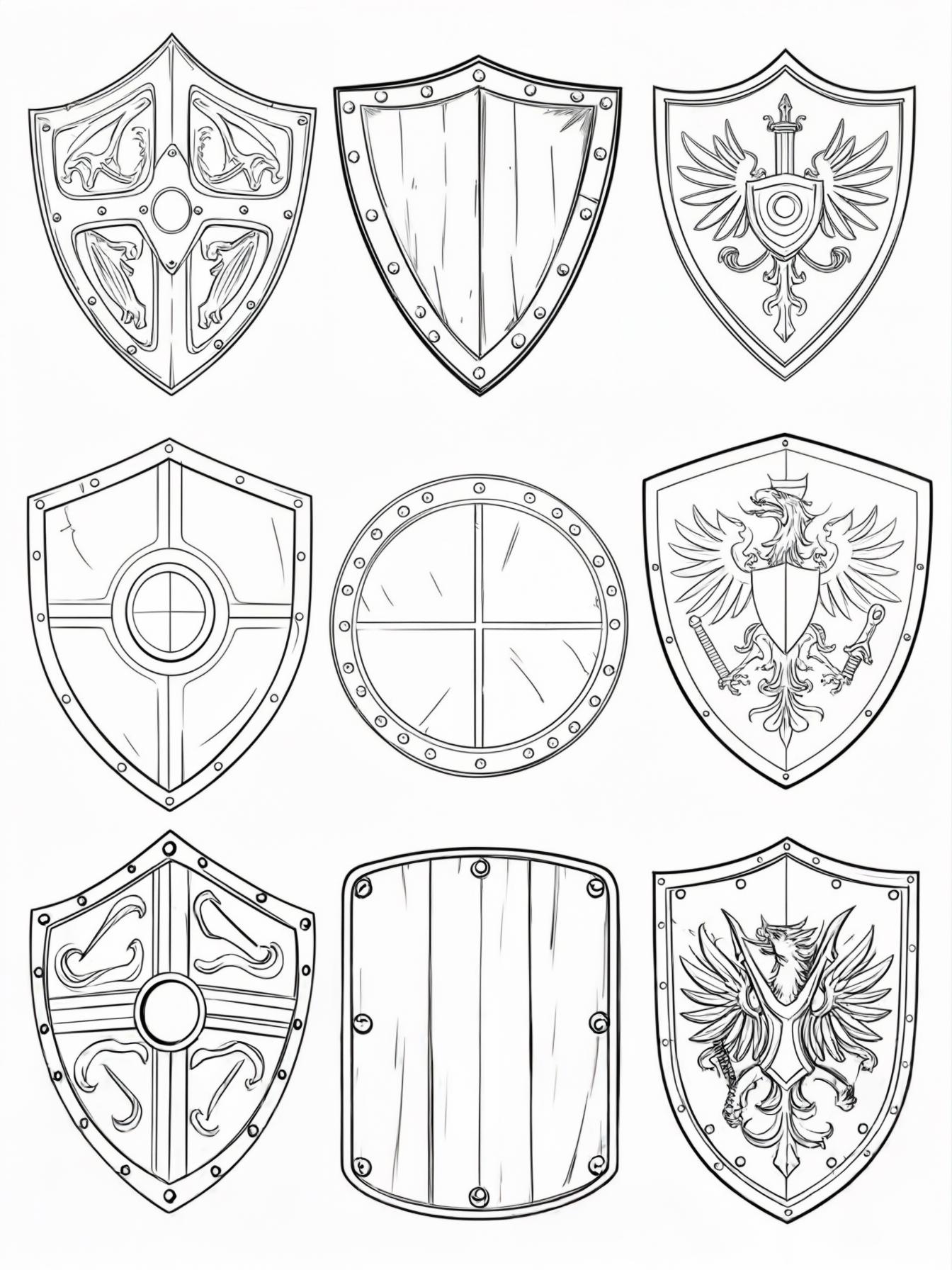"A black-and-white coloring page designed for 9-year-old kids featuring 6 to 9 different shields, each drawn in a distinct style. The styles include 1 Medieval Knights Shield - classic kite shape wit