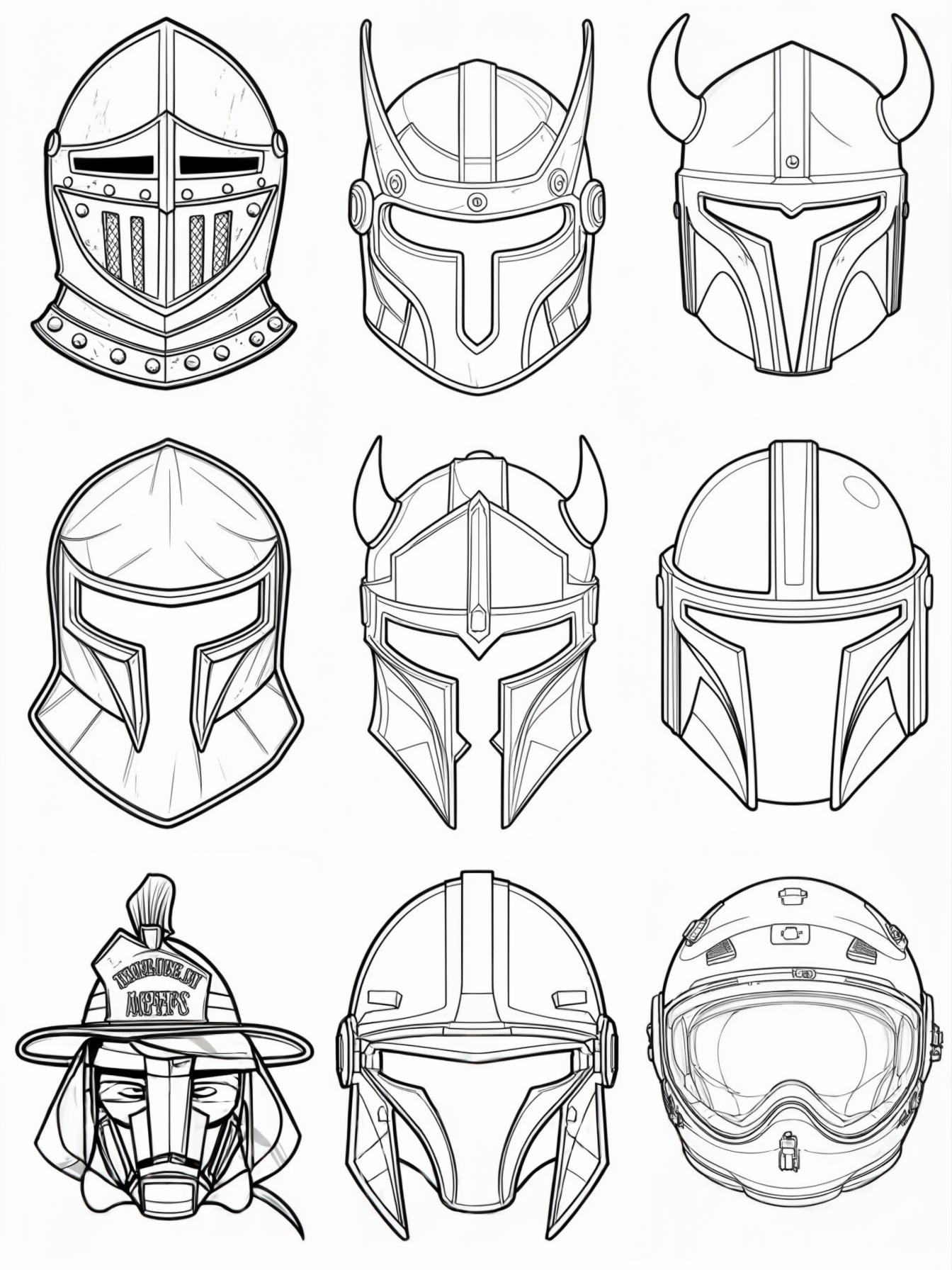 A black-and-white coloring page designed for 9-year-old kids featuring 6 to 9 different helmets, each drawn in a distinct style. The styles include 1 Medieval Knights Helmet - classic visor with engra