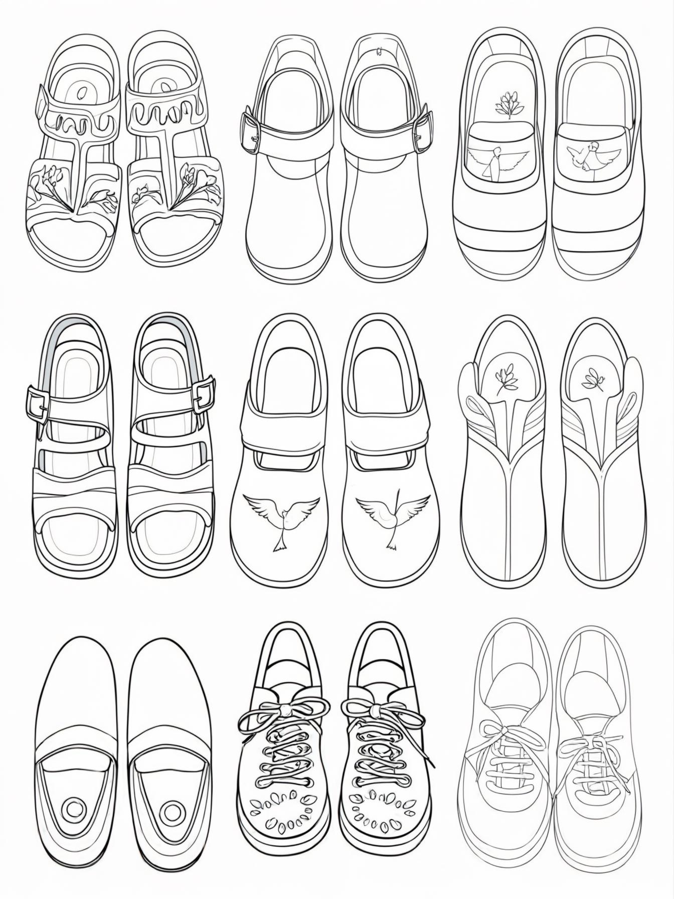 A black-and-white coloring page designed for 9-year-old kids featuring 6 to 9 different pairs of shoes, each drawn in a distinct style representing the Shoes of the Preparation of the Gospel of Peace.