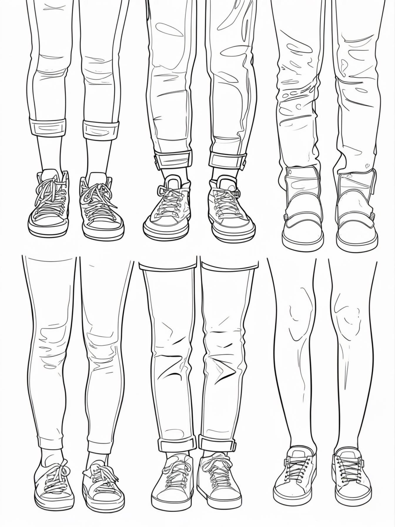 A black-and-white coloring page designed for 9-year-old kids featuring 6 to 9 different pairs of legs left and right wearing various shoes, each drawn in a distinct style representing the Shoes of the