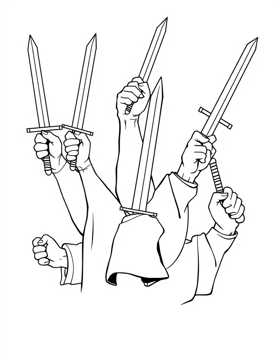 A black-and-white coloring page designed for 9-year-old kids featuring 6 different arms holding swords, each drawn in a distinct style. The arms are posed dynamically, ready for battle, and are design