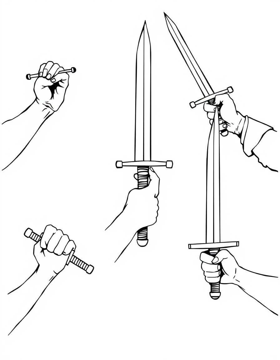 A black-and-white coloring page designed for 9-year-old kids featuring 6 different arms holding swords, each drawn in a distinct style. The arms are posed dynamically, ready for battle, and are design