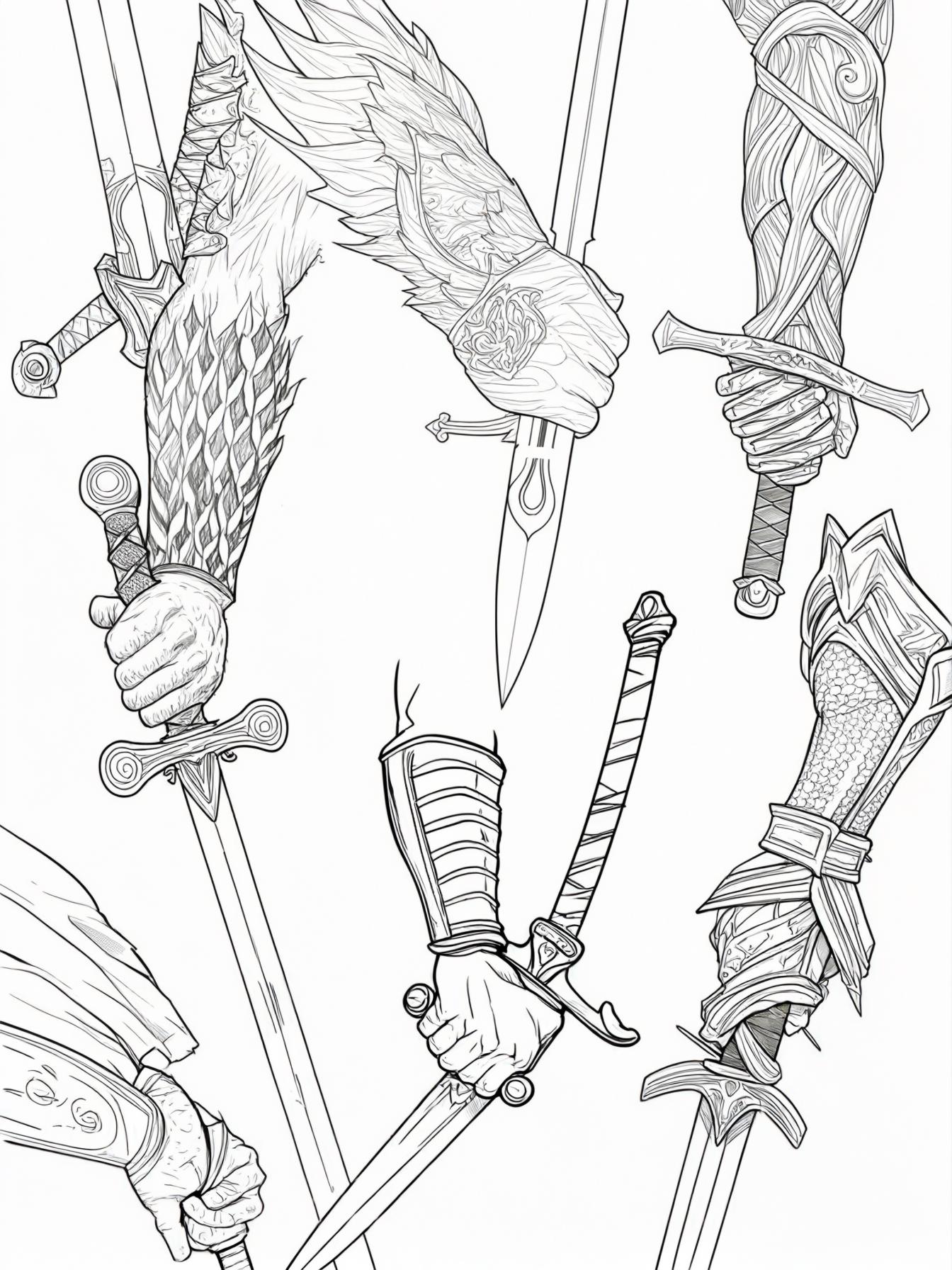 A black-and-white coloring page designed for 9-year-old kids featuring 6 different arms holding swords, each drawn in a distinct style. The arms are posed dynamically, ready for battle, and are design