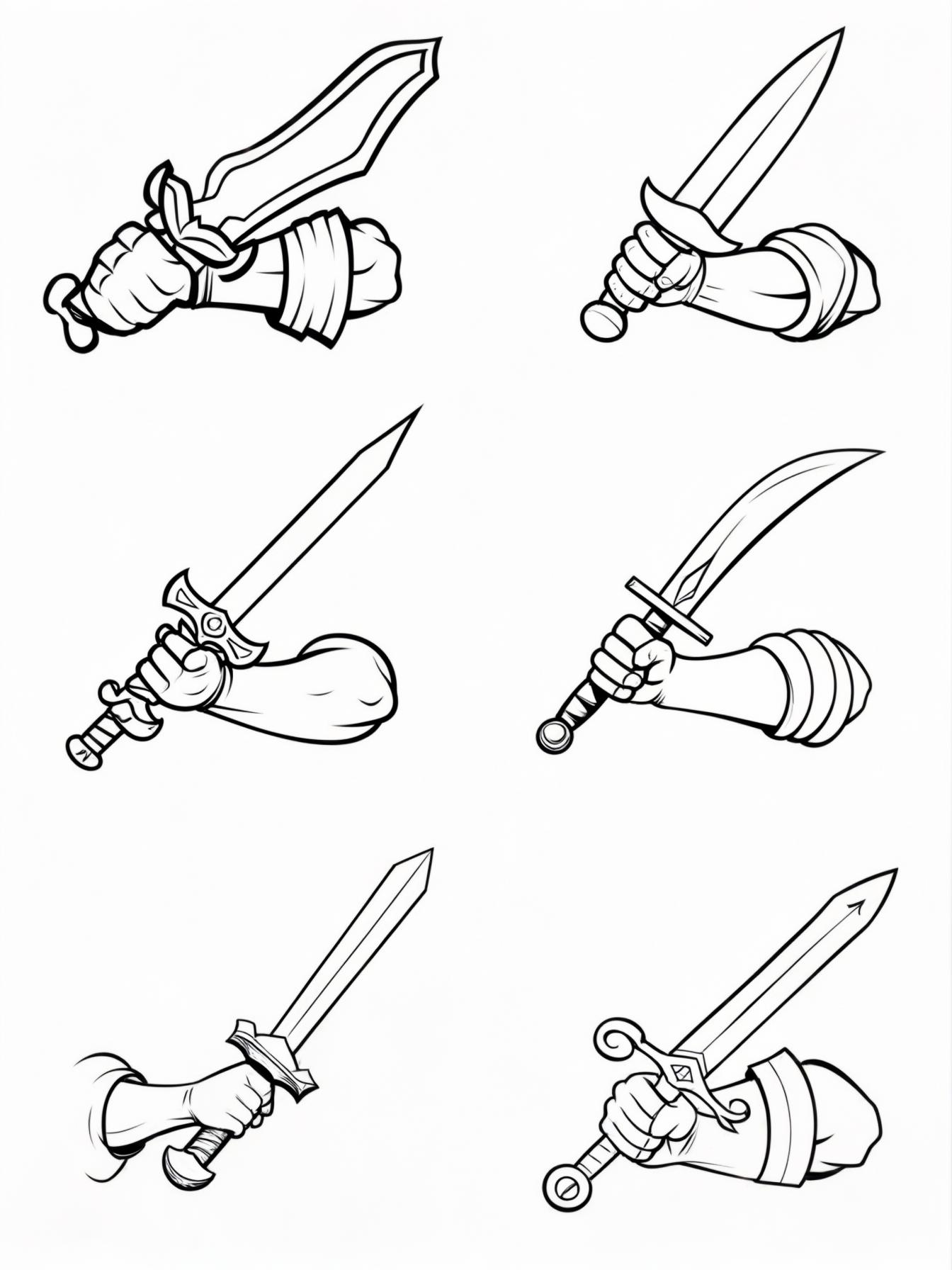 A black-and-white coloring page designed for 9-year-old kids featuring 6 different arms holding swords, each drawn in a distinct style. The arms are posed dynamically, ready for battle, and are design