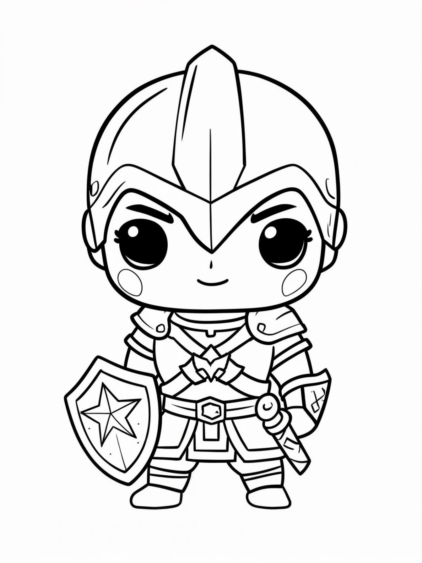 A black-and-white line drawing of a standing warrior's silhouette designed as a simple contour template for kids in a Kawaii-inspired style. The figure is shown in a strong, confident yet adorable pos