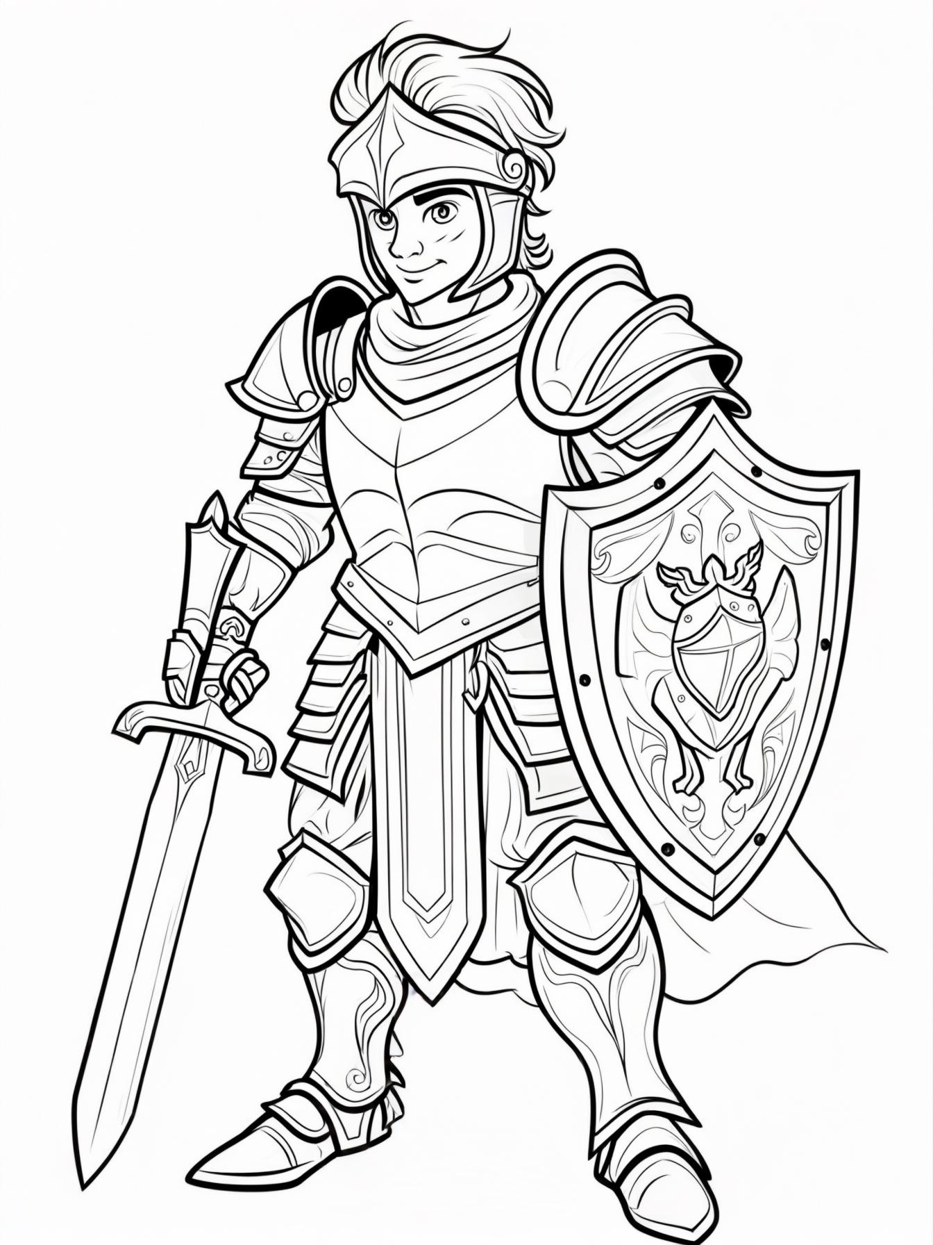 A brave warrior designed for an 8-year-old kids' coloring page in a fantasy storybook style, standing confidently and wearing the Armor of God. The warrior has a charming, storybook-like appearance wi