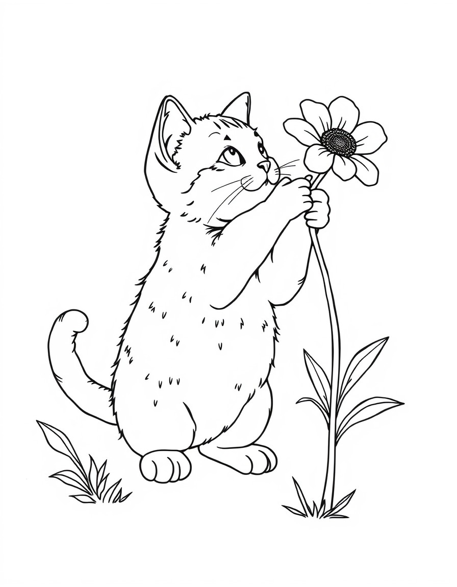 small cat on its backlegs reaching for a flower