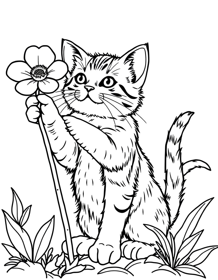 small cat on its backlegs reaching for a flower