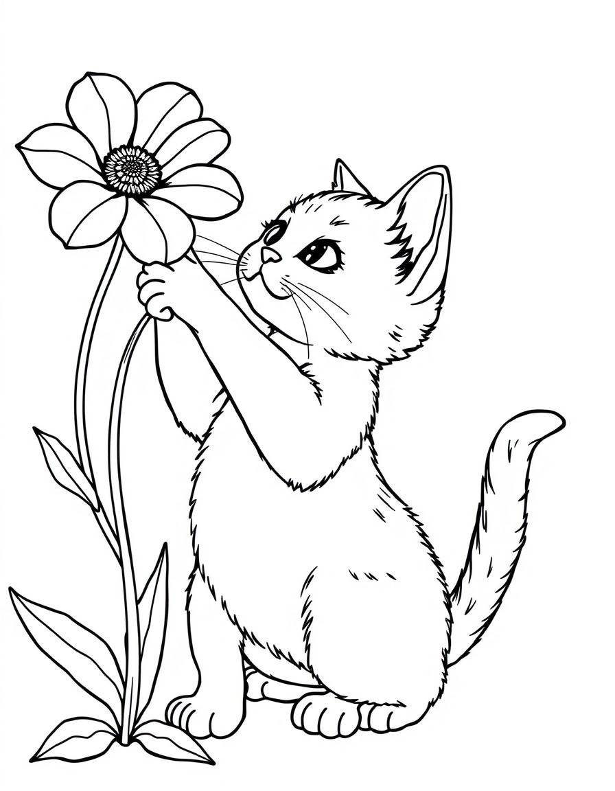 small cat on its backlegs reaching for a flower