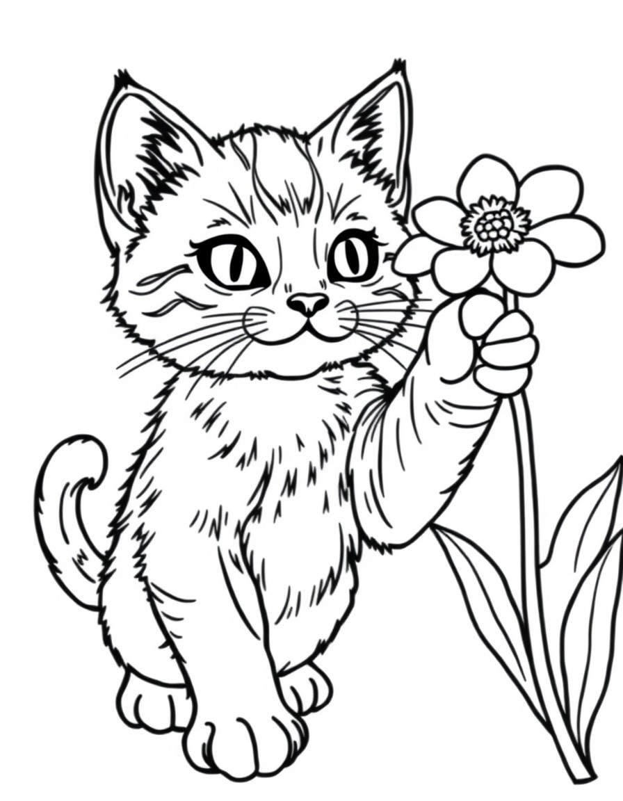 small cat on its backlegs reaching for a flower
