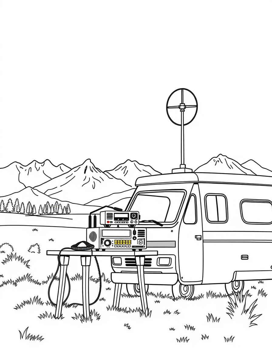 A ham radio transceiver on a table outside a camper van on a field with mountains in the background and a magnetic loop antenna on a 2 meter mast next to the radio and the van