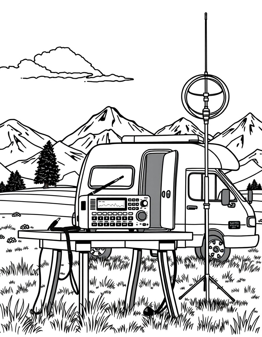 A ham radio transceiver on a table outside a camper van on a field with mountains in the background and a magnetic loop antenna on a 2 meter mast next to the radio and the van