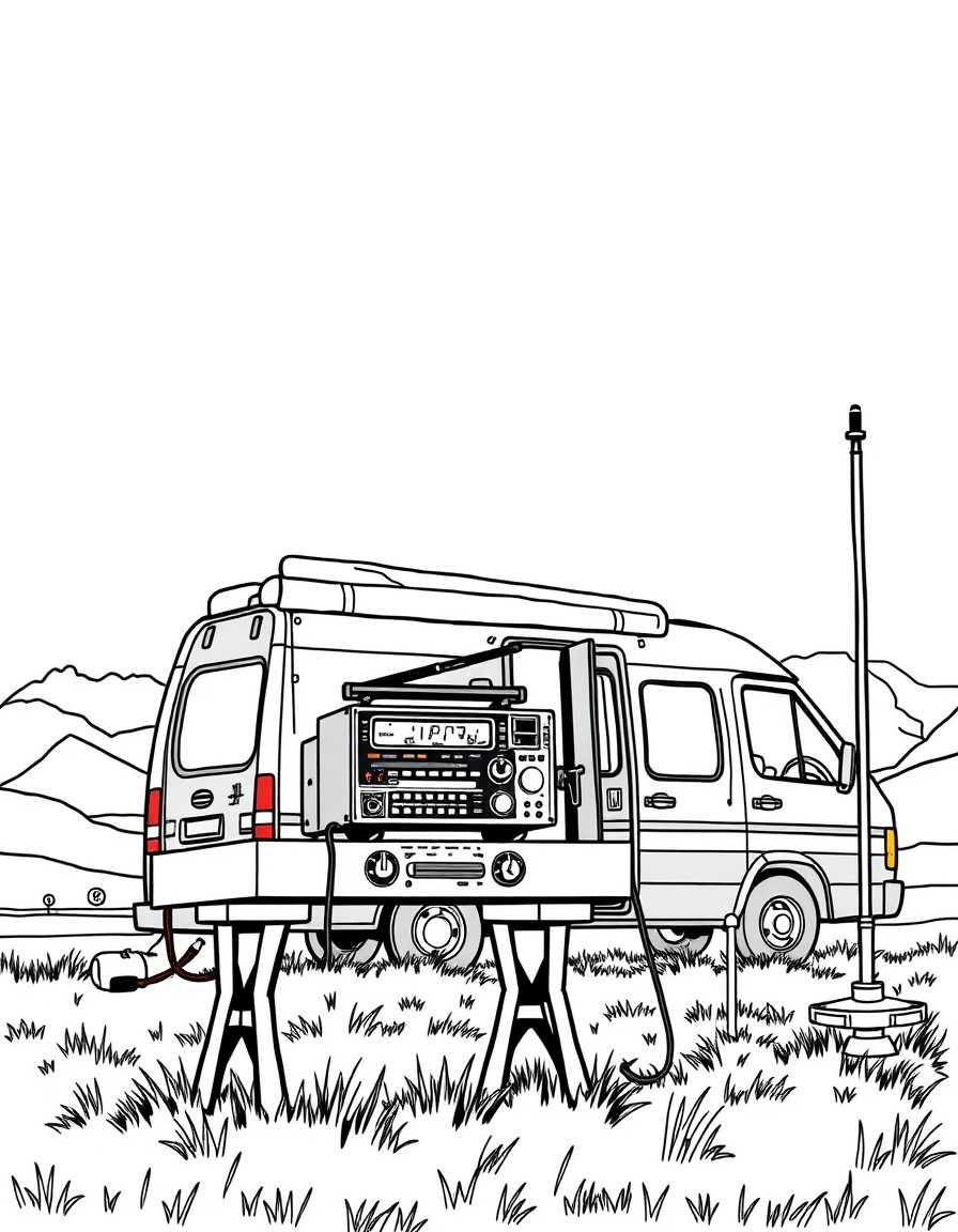 A ham radio transceiver on a table outside a camper van on a field with mountains in the background and a magnetic loop antenna on a 2 meter mast next to the radio and the van