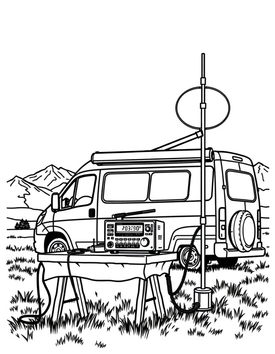 A ham radio transceiver on a table outside a camper van on a field with mountains in the background and a magnetic loop antenna on a 2 meter mast next to the radio and the van