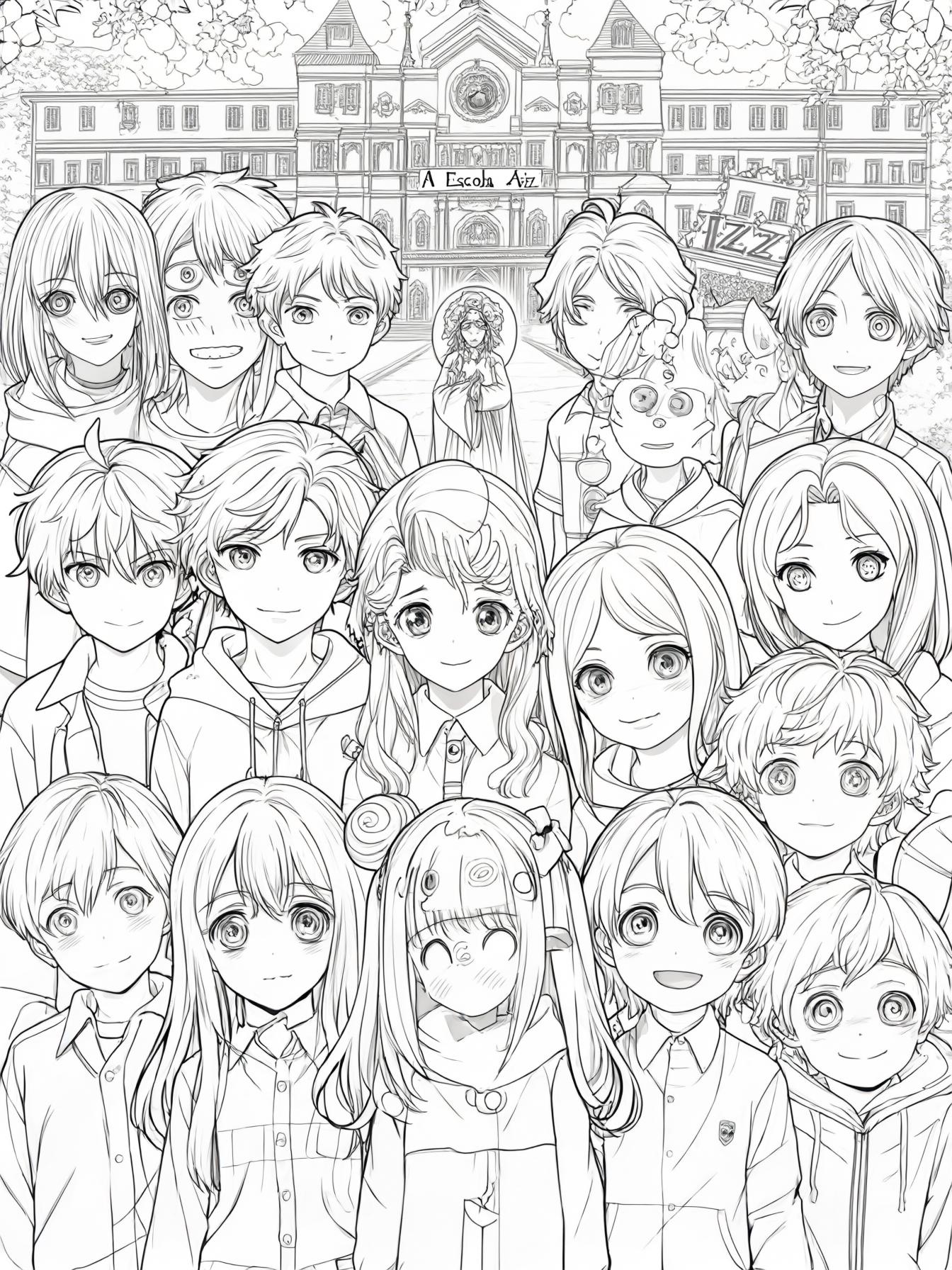 Personagens 13 meninos e 3 meninas, todos com rostinhos estilo anime olhos grandes, expressivos  A professora pode aparecer como uma personagem mgica e gentil, tipo uma guardi da escola  A Escola Aziz