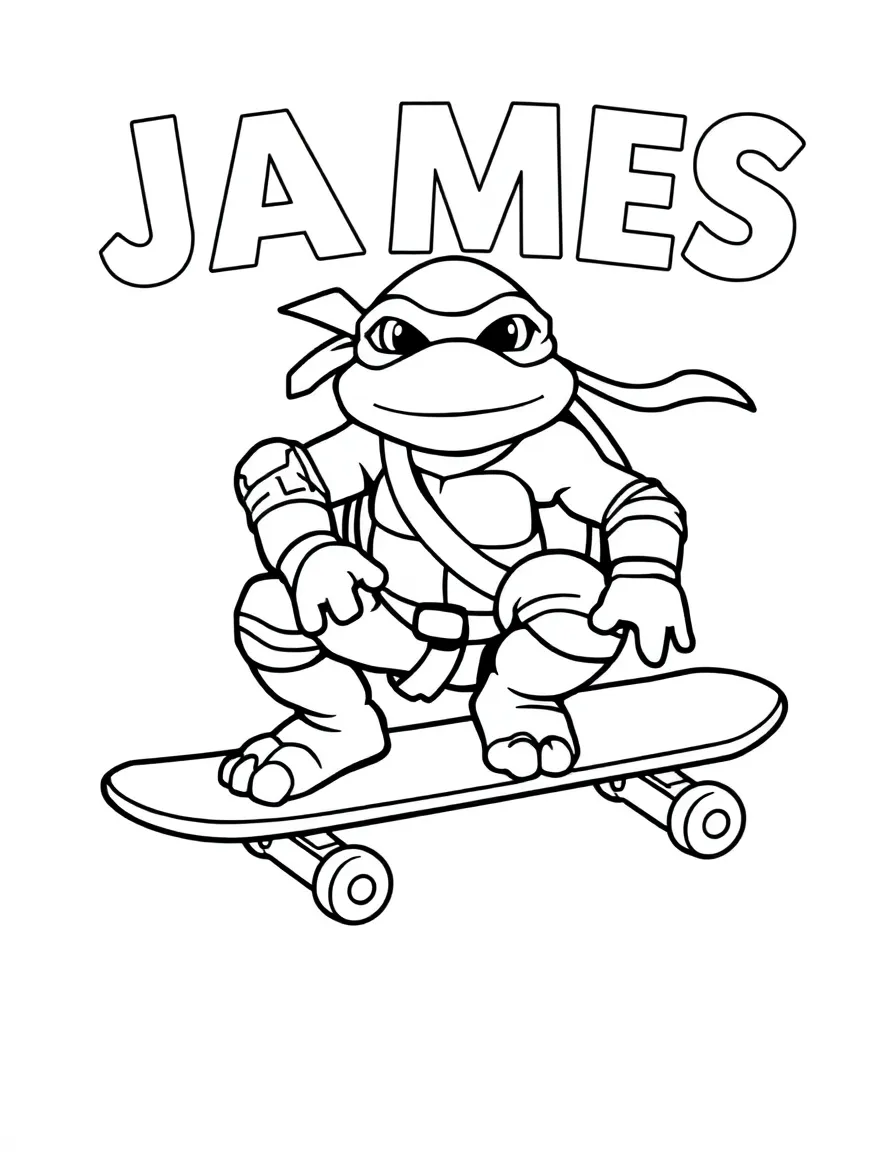 black and white coloring page of A ninja turtle on a skateboard and the text 'JAMES' in the background with white background, ONLY BLACK AND WHITE, NO COLOR, COLORING PAGE