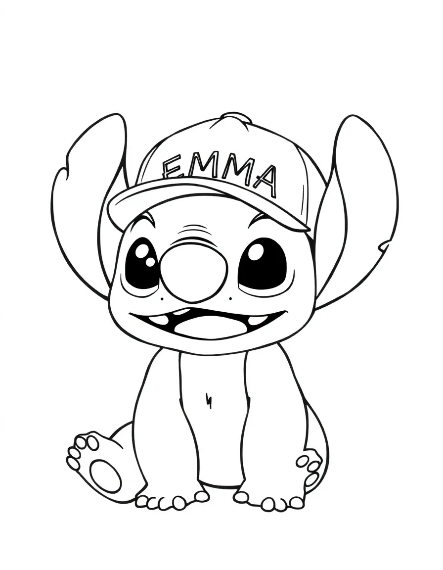 black and white coloring page of A cute Stitch with a cap that has the name 'EMMA' on it with white background, ONLY BLACK AND WHITE, NO COLOR, COLORING PAGE