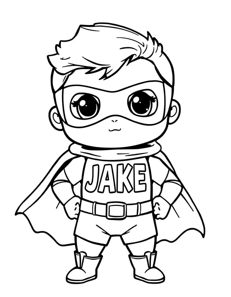 black and white coloring page of cute tiny superhero with the word "JAKE" on their chest with white background, ONLY BLACK AND WHITE, NO COLOR, COLORING PAGE