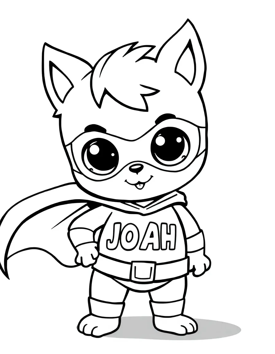 black and white coloring page of cute tiny superhere with the text "JOAH" on his chest with white background, ONLY BLACK AND WHITE, NO COLOR, COLORING PAGE