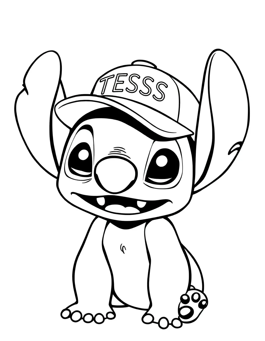 black and white coloring page of A cute Stitch with a cap that has the name 'TESS' on it with white background, ONLY BLACK AND WHITE, NO COLOR, COLORING PAGE