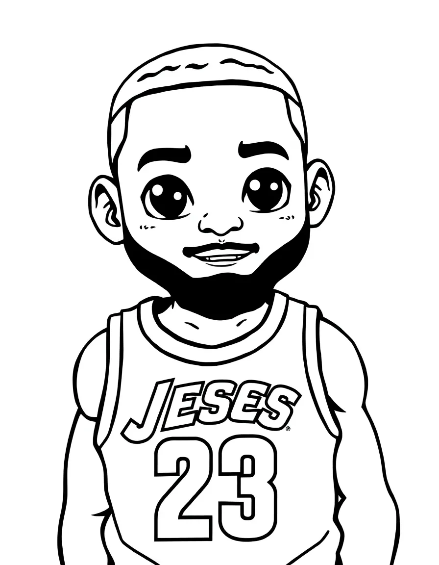 black and white coloring page of cute tiny lebron james with "TESS" on his jersey with white background, ONLY BLACK AND WHITE, NO COLOR, COLORING PAGE