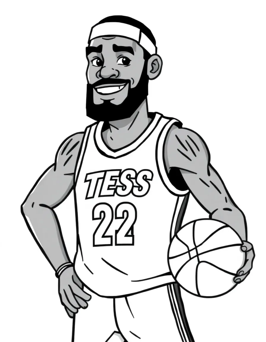 black and white coloring page of cartoon lebron james with a basketball and the name "TESS" on his jersey with white background, ONLY BLACK AND WHITE, NO COLOR, COLORING PAGE