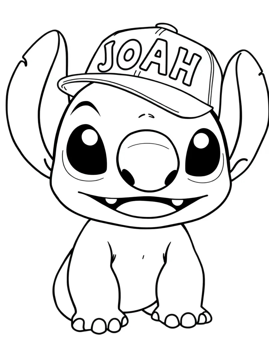 black and white coloring page of A cute Stitch with a cap that has the name 'JOAH' on it with white background, ONLY BLACK AND WHITE, NO COLOR, COLORING PAGE