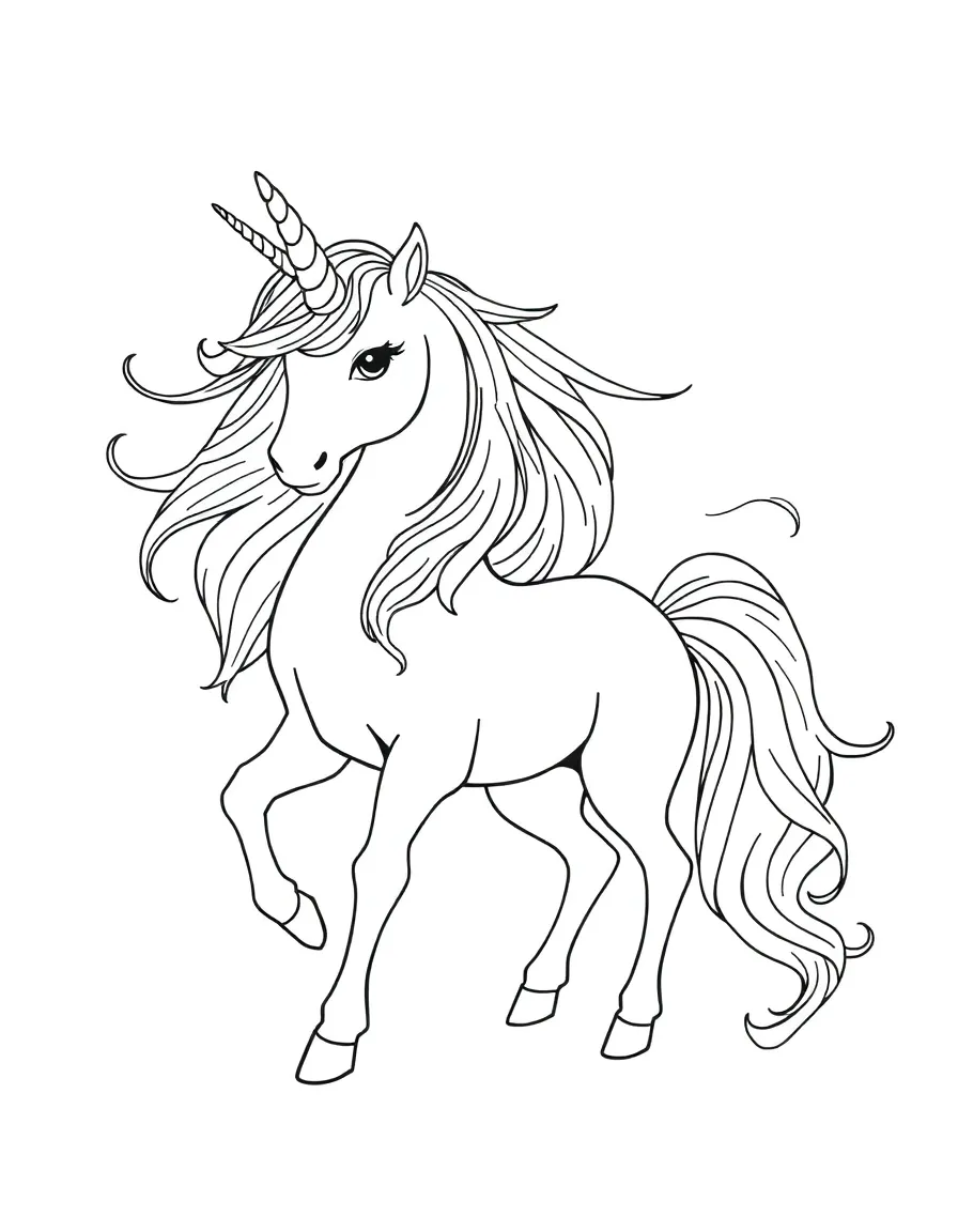 black and white coloring page of A magical unicorn with a flowing mane and a rainbow tail, in black-and-white line art for a fantasy coloring page, detailed with white background, ONLY BLACK AND WHITE, NO COLOR, COLORING PAGE