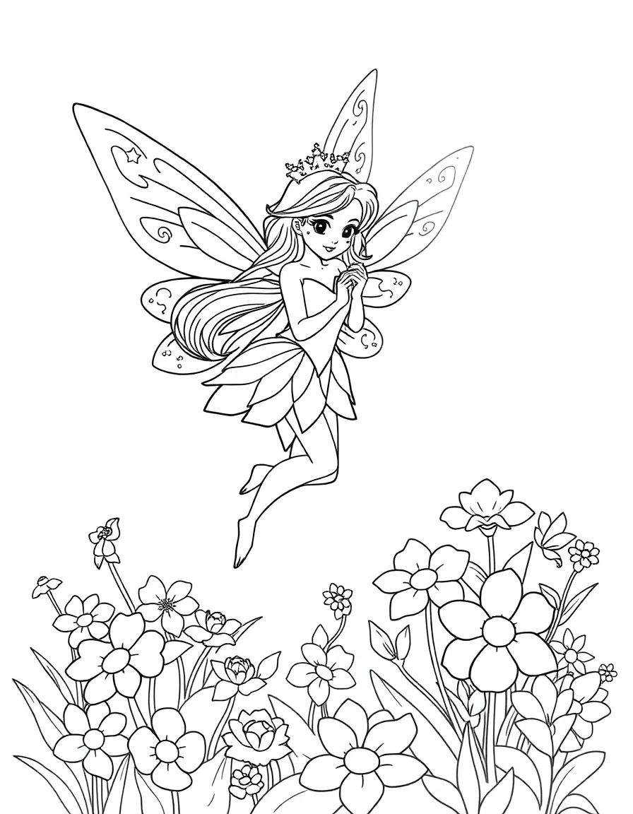 black and white coloring page of A fairy princess with sparkly wings hovering over a flower garden, black-and-white illustration with big shapes easy to color with white background, ONLY BLACK AND WHITE, NO COLOR, COLORING PAGE