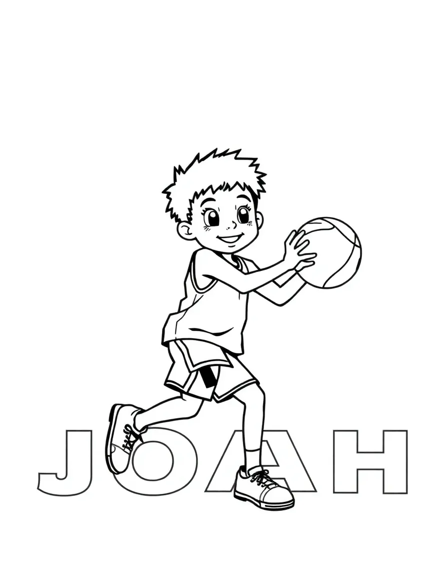 black and white coloring page of basketball playing kid with the name "JOAH" with white background, ONLY BLACK AND WHITE, NO COLOR, COLORING PAGE