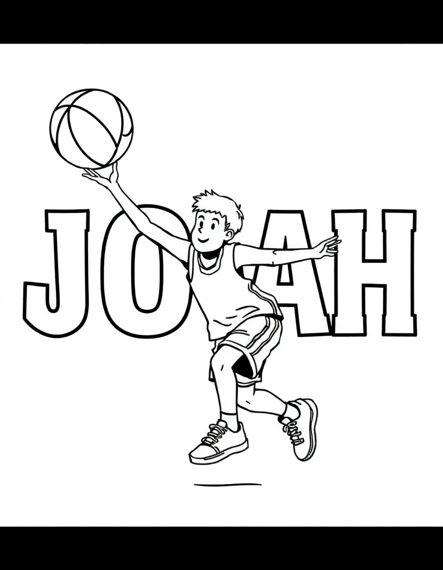 black and white coloring page of basketball playing kid with the name "JOAH" with white background, ONLY BLACK AND WHITE, NO COLOR, COLORING PAGE