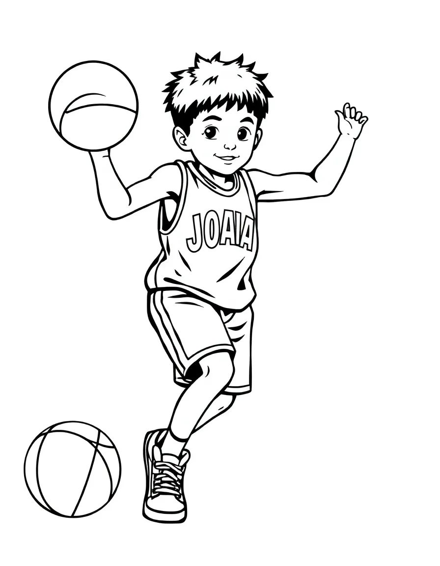 black and white coloring page of basketball playing kid with the name "JOAH" with white background, ONLY BLACK AND WHITE, NO COLOR, COLORING PAGE