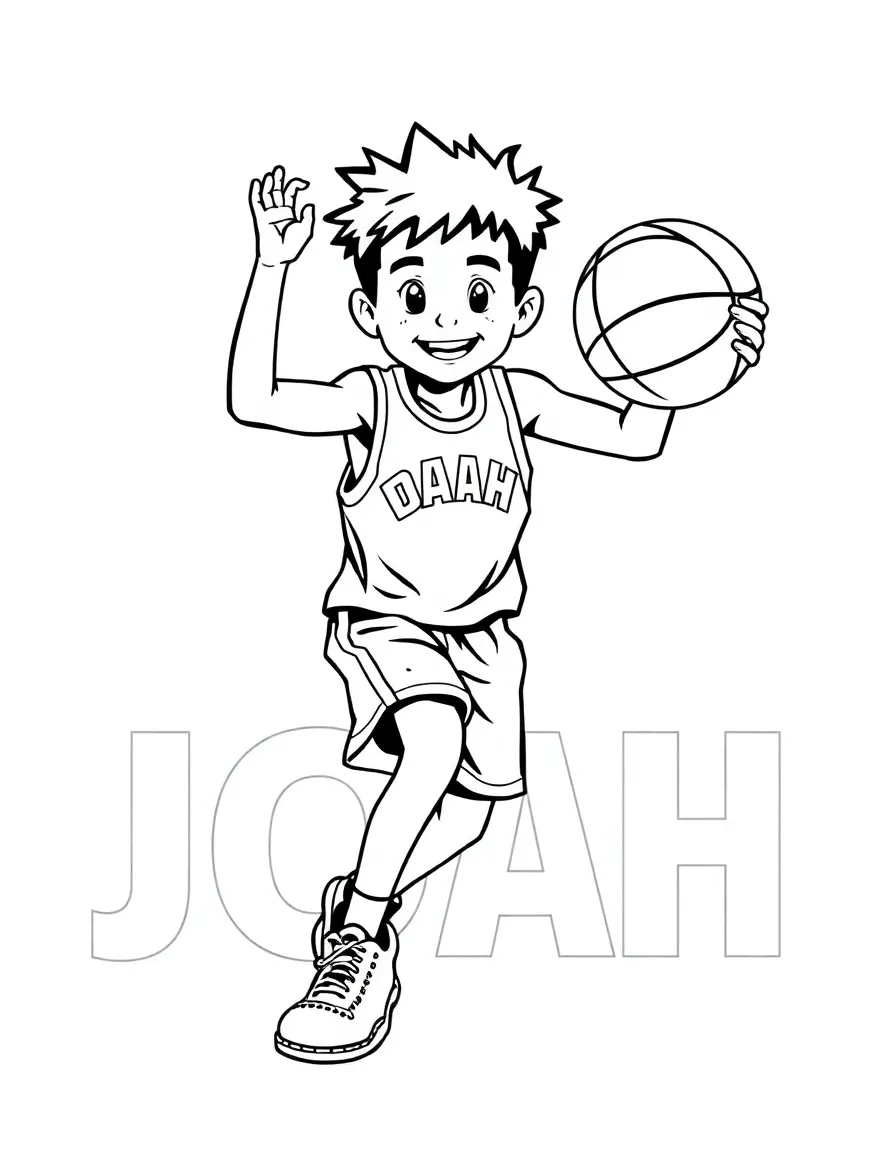 black and white coloring page of basketball playing kid with the name "JOAH" with white background, ONLY BLACK AND WHITE, NO COLOR, COLORING PAGE