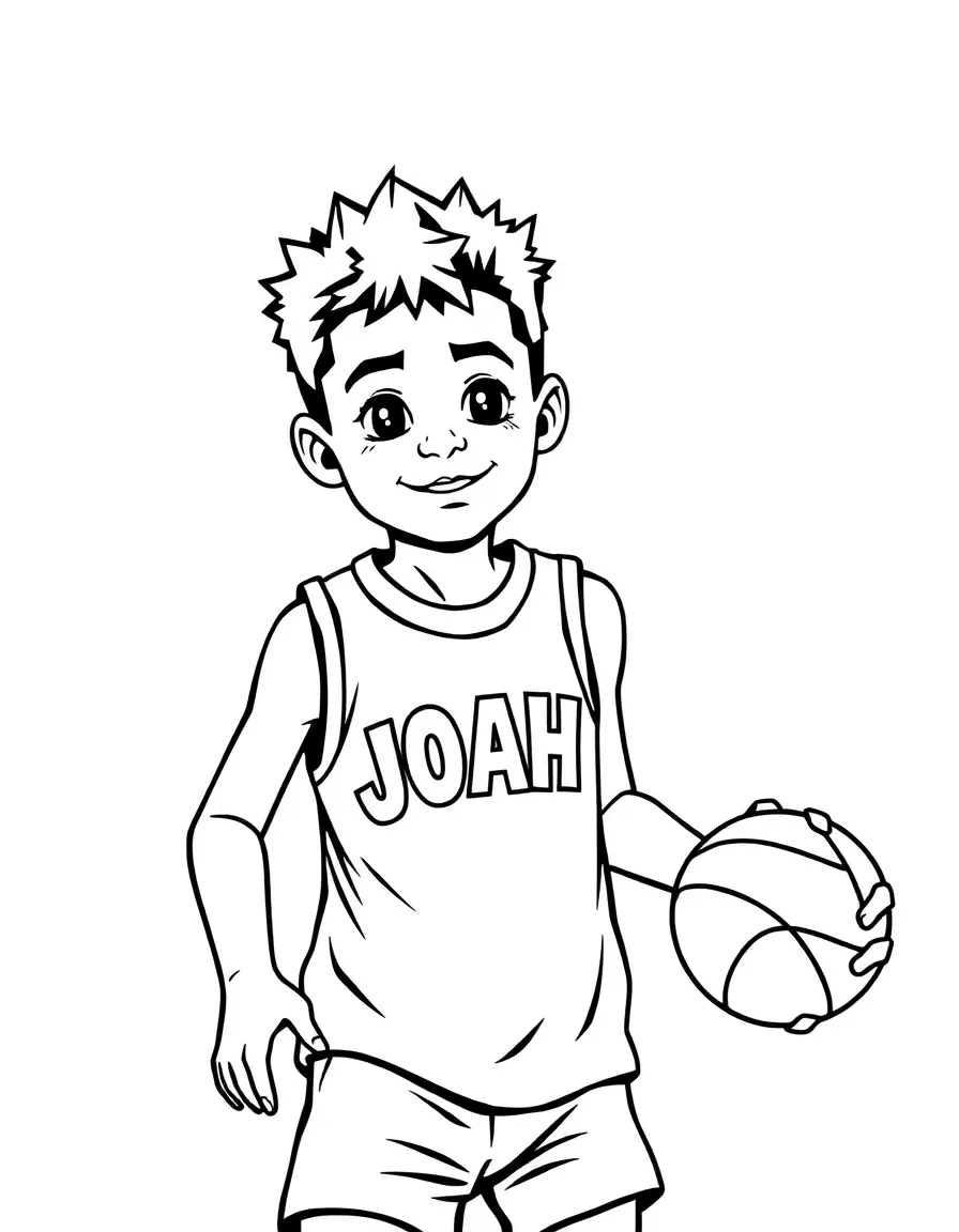 black and white coloring page of basketball playing kid from 5 years old with the text "JOAH" on his shirt with white background, ONLY BLACK AND WHITE, NO COLOR, COLORING PAGE