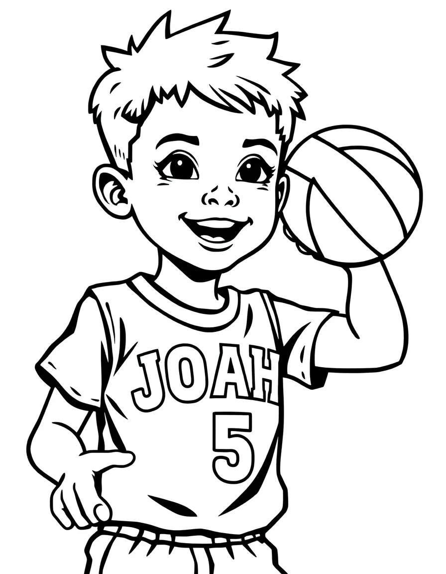 black and white coloring page of basketball playing kid from 5 years old with the text "JOAH" on his shirt with white background, ONLY BLACK AND WHITE, NO COLOR, COLORING PAGE