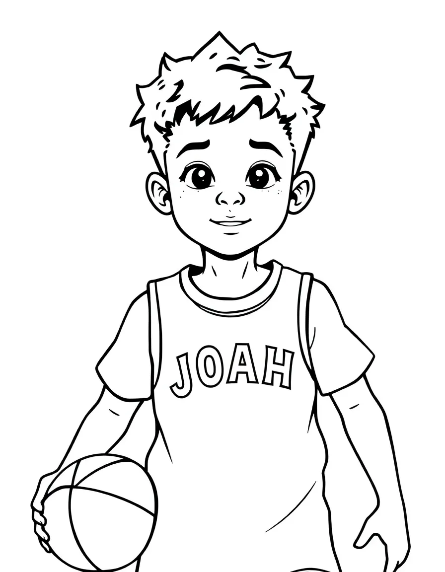 black and white coloring page of basketball playing kid from 5 years old with the text "JOAH" on his shirt with white background, ONLY BLACK AND WHITE, NO COLOR, COLORING PAGE