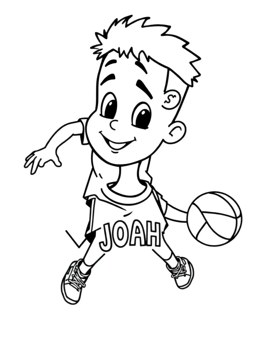 black and white coloring page of basketball playing kid from 5 years old with the text "JOAH" on his shirt with white background, ONLY BLACK AND WHITE, NO COLOR, COLORING PAGE