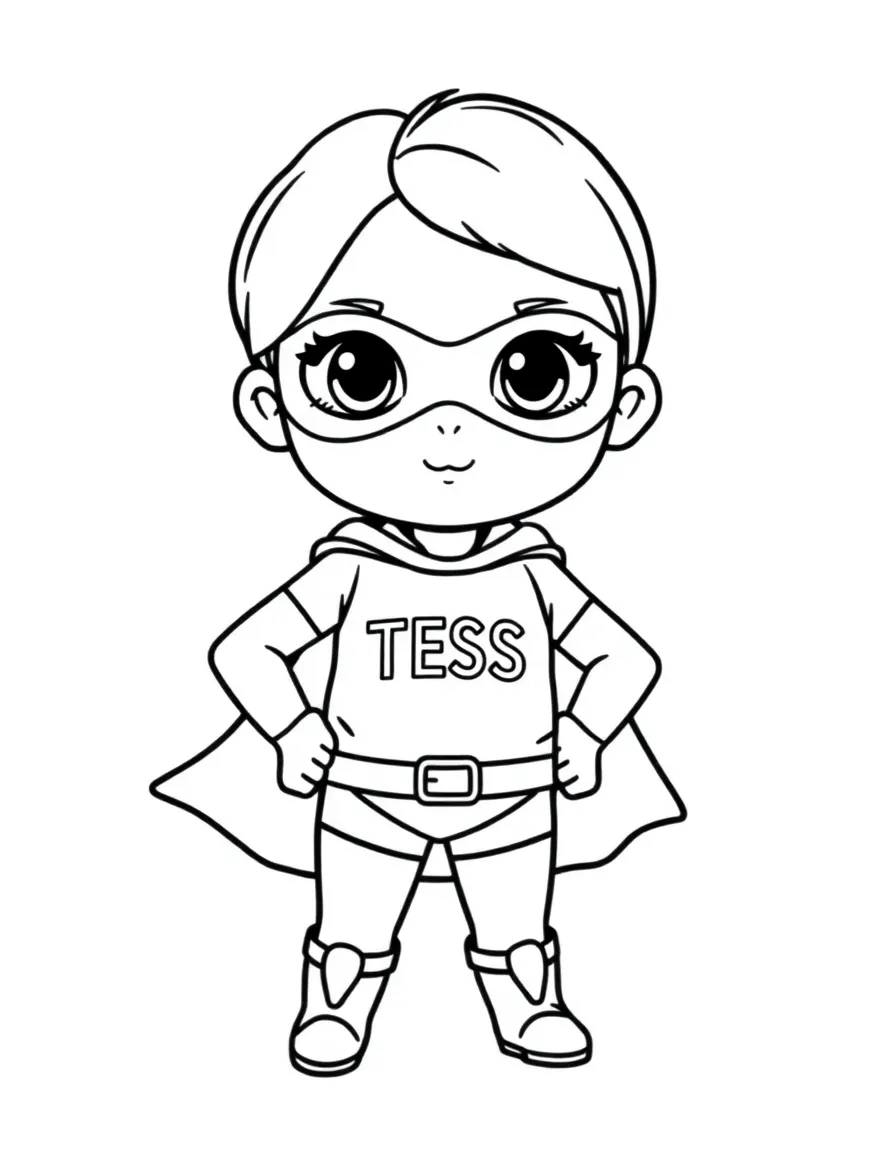 black and white, white background, coloring page of cute tiny superhero with the text "TESS" on her chest with black lines and a white background