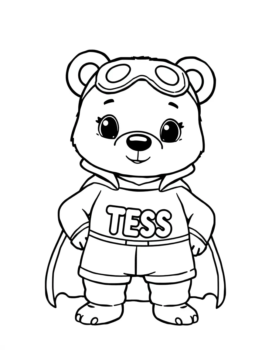 black and white, white background, coloring page of cute bear in hero suite with name "TESS" on her chest with black lines and a white background