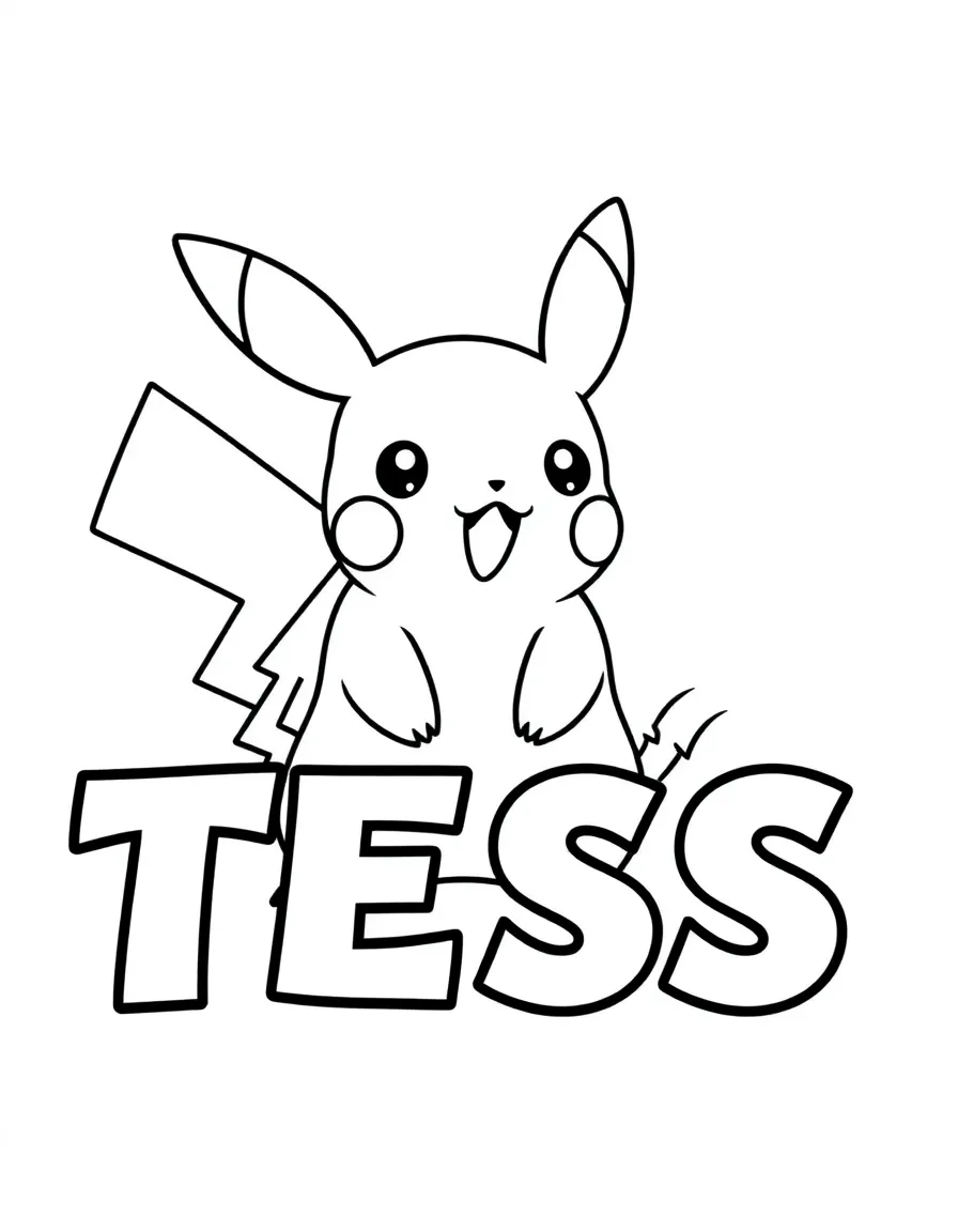 black and white, white background, coloring page of cute picachu pokemon with big thunder letters spelling "TESS" with black lines and a white background