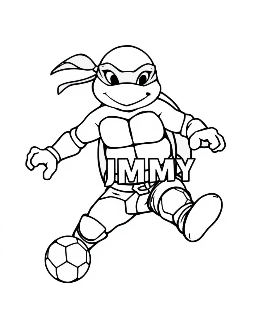 black and white, white background, coloring page of A ninja turtle playing soccer with the text 'JIMMY' embeded with black lines and a white background, simple style, thick lines