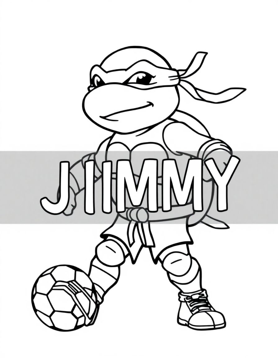 black and white, white background, coloring page of A ninja turtle playing soccer with the text 'JIMMY' embeded with black lines and a white background, simple style, thick lines