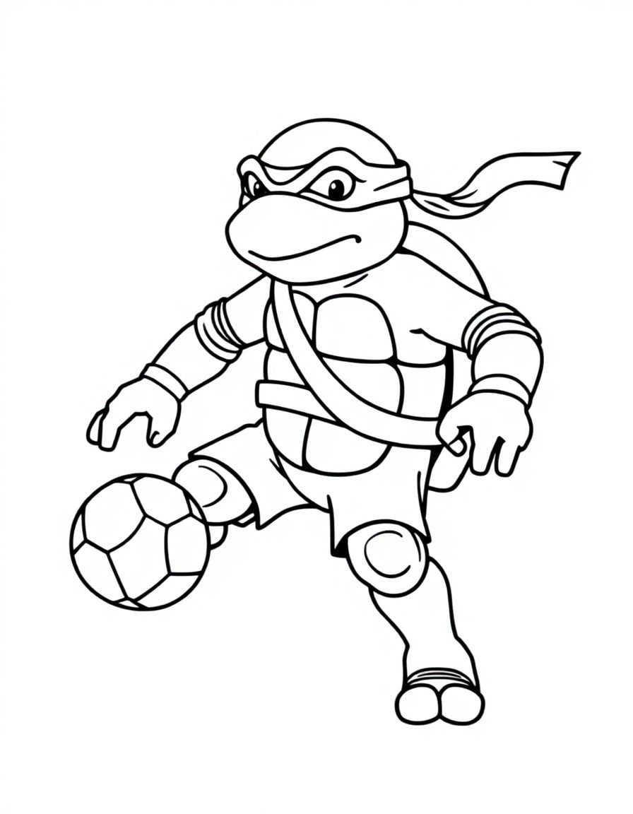 black and white, white background, coloring page of A ninja turtle playing soccer with the text 'JIMMY' embeded with black lines and a white background, simple style, thick lines