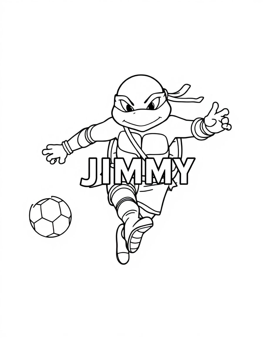 black and white, white background, coloring page of A ninja turtle playing soccer with the text 'JIMMY' embeded with black lines and a white background, simple style, thick lines