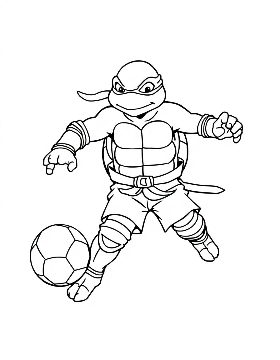 black and white, white background, coloring page of A ninja turtle playing soccer with the text 'JIMMY' embeded with black lines and a white background, , very detailed, thin lines