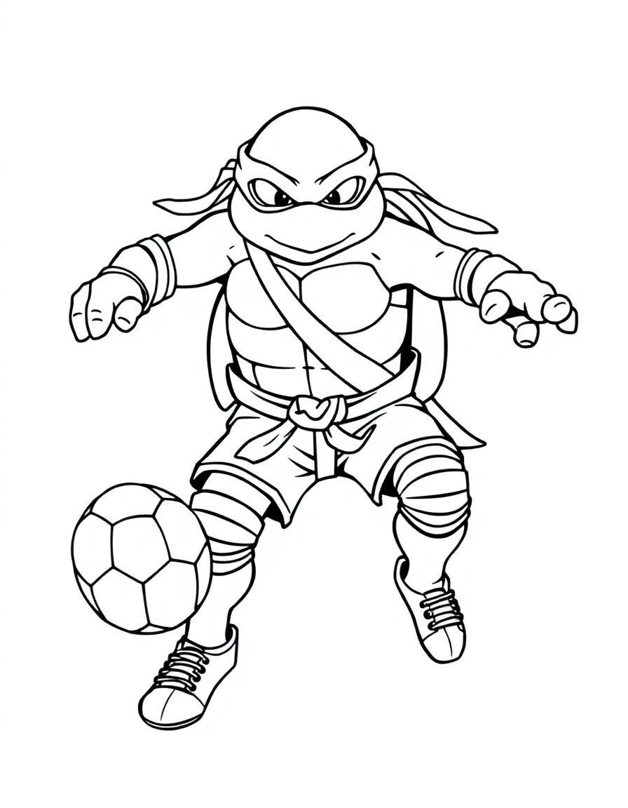 black and white, white background, coloring page of A ninja turtle playing soccer with the text 'JIMMY' embeded with black lines and a white background, , very detailed, thin lines