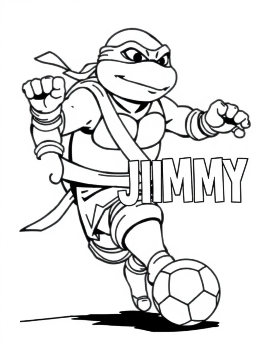 black and white, white background, coloring page of A ninja turtle playing soccer with the text 'JIMMY' embeded with black lines and a white background, , very detailed, thin lines