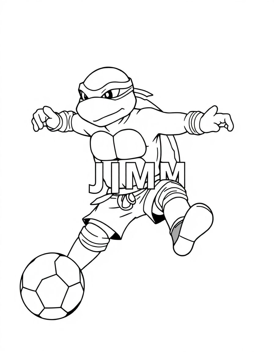 black and white, white background, coloring page of A ninja turtle playing soccer with the text 'JIMMY' embeded with black lines and a white background, , very detailed, thin lines