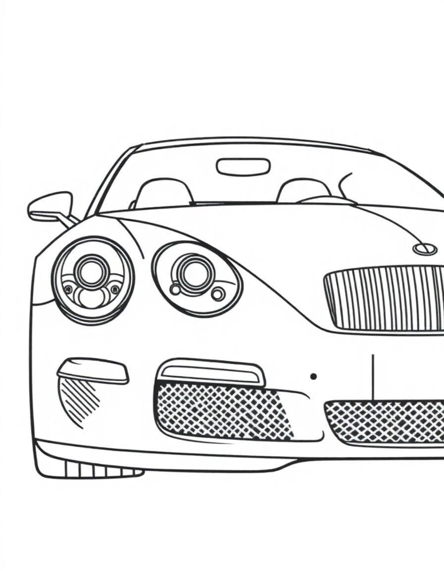 black and white, white background, coloring page of car with black lines and a white background, , very detailed design with thin lines